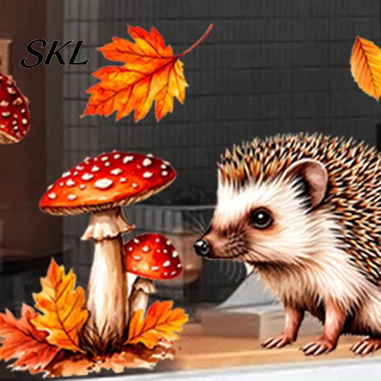 Removable Glass Clings 2PCS Autumn Hedgehog Static Window Clings, Fall Maple Leaf Mushroom Stickers, Waterproof PVC Decals No-Adhesive for Home Store