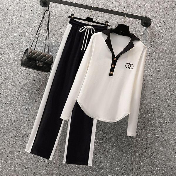 Осенняя рубашка с длинными рукавами и воротником-поло, повседневные широкие брюки в стиле пэчворк, комплект из двух предметов для женщин