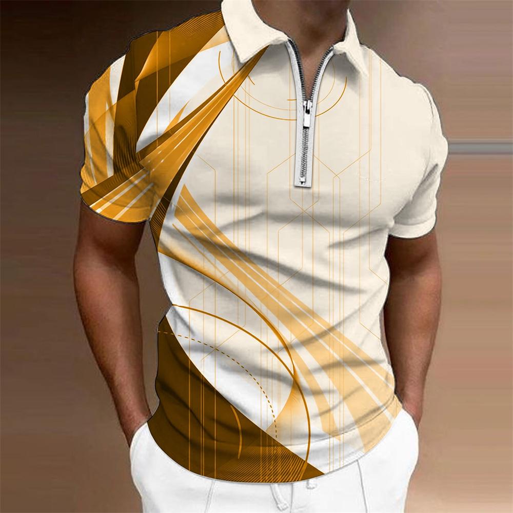 Men's Colorful Striped Printed T-shirt, Zipper, Men's Casual Top, Golf Clothing, Simple and Fashionable Polo, Summer