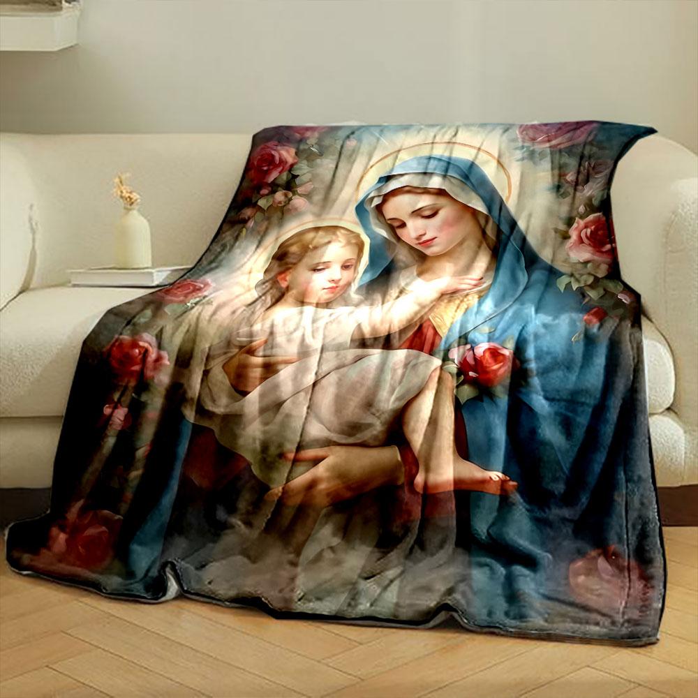 Virgin Mary Baby Jesus Roses Blanket  Printed Blanket for Living Room Bed Couch lunch break Soft Cozy Blanket for Friend's festival Gift