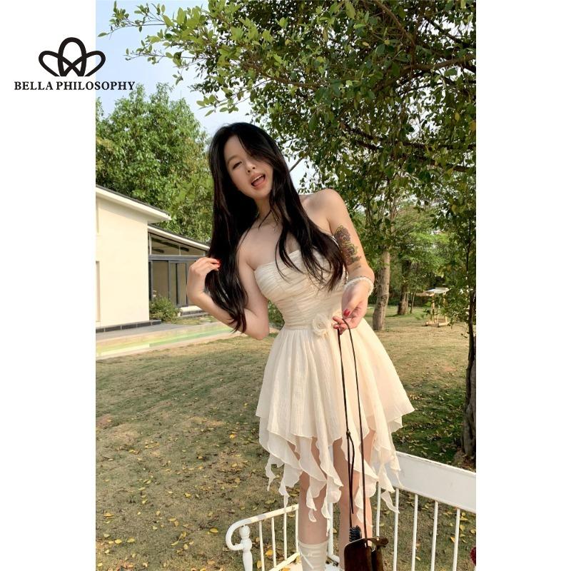 Summer Korean Style Design Sense Strapless Dress Women's Waist Flower Slimming A- Shaped Irregular Hem Short Dress