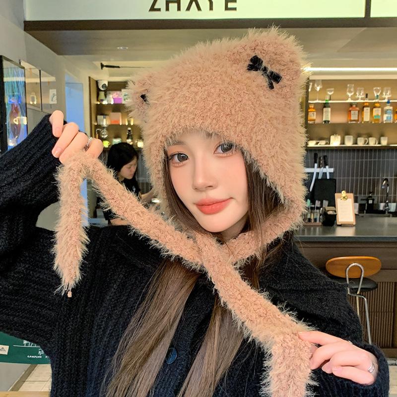 Новая милая шапка с кошачьими ушками, бант, плюшевая шапка, зимняя, защита ушей, холодная, теплая шапка, универсальная вязаная шапка, женская шапка