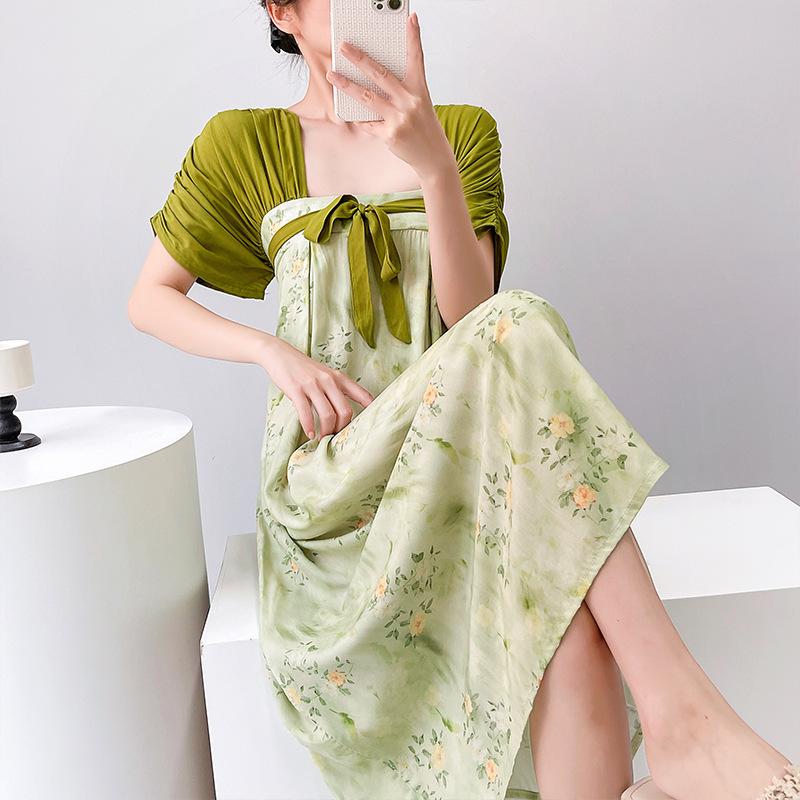 Women's nightgown cotton silk thin short-sleeved printing light luxury simple breathable casual loungewear long skirt can be worn outside