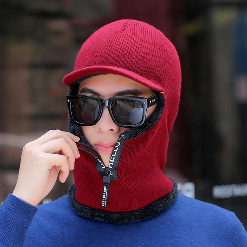 Solid Color Knitted Hooded Hat for Unisex Neck Guard Zipper Scarf Beanie Warm Autumn Winter Headwear Face Cover Thermal Cap
