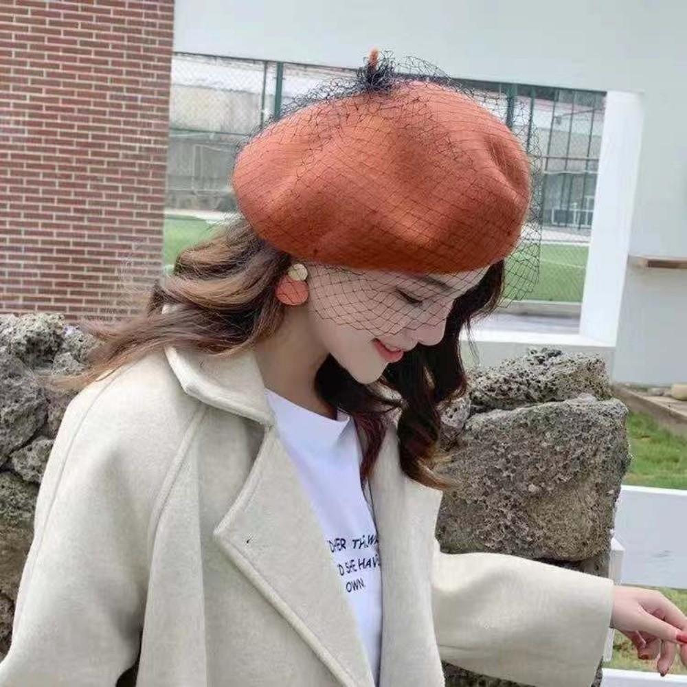 with Mesh Veil Painter Hat French Style Beanie Cap Retro Mesh Wool Beret Gift