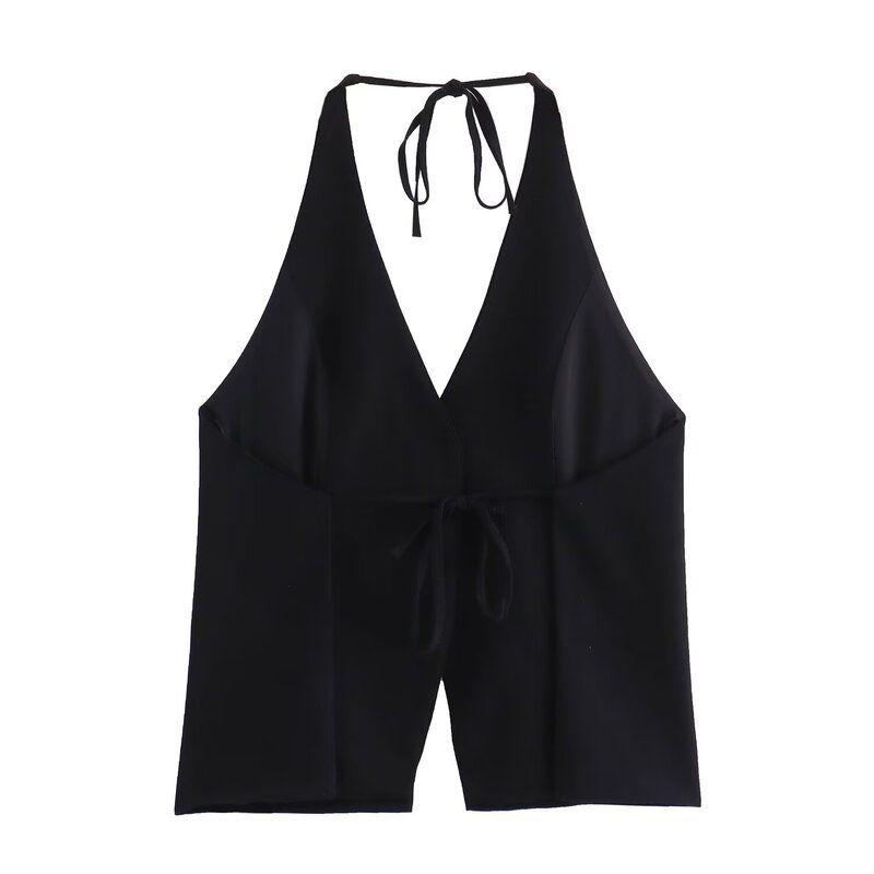 Fashion Style 2024 Autumn New Women's Clothing Stylish V Neck Bowknot Decoration Hanging Collar Tops 3067004