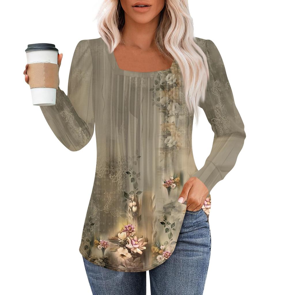 Long Sleeve Shirts For Women Tops Dressy Casual Blouses Pleated Square Scooped Neck Tunic Tops