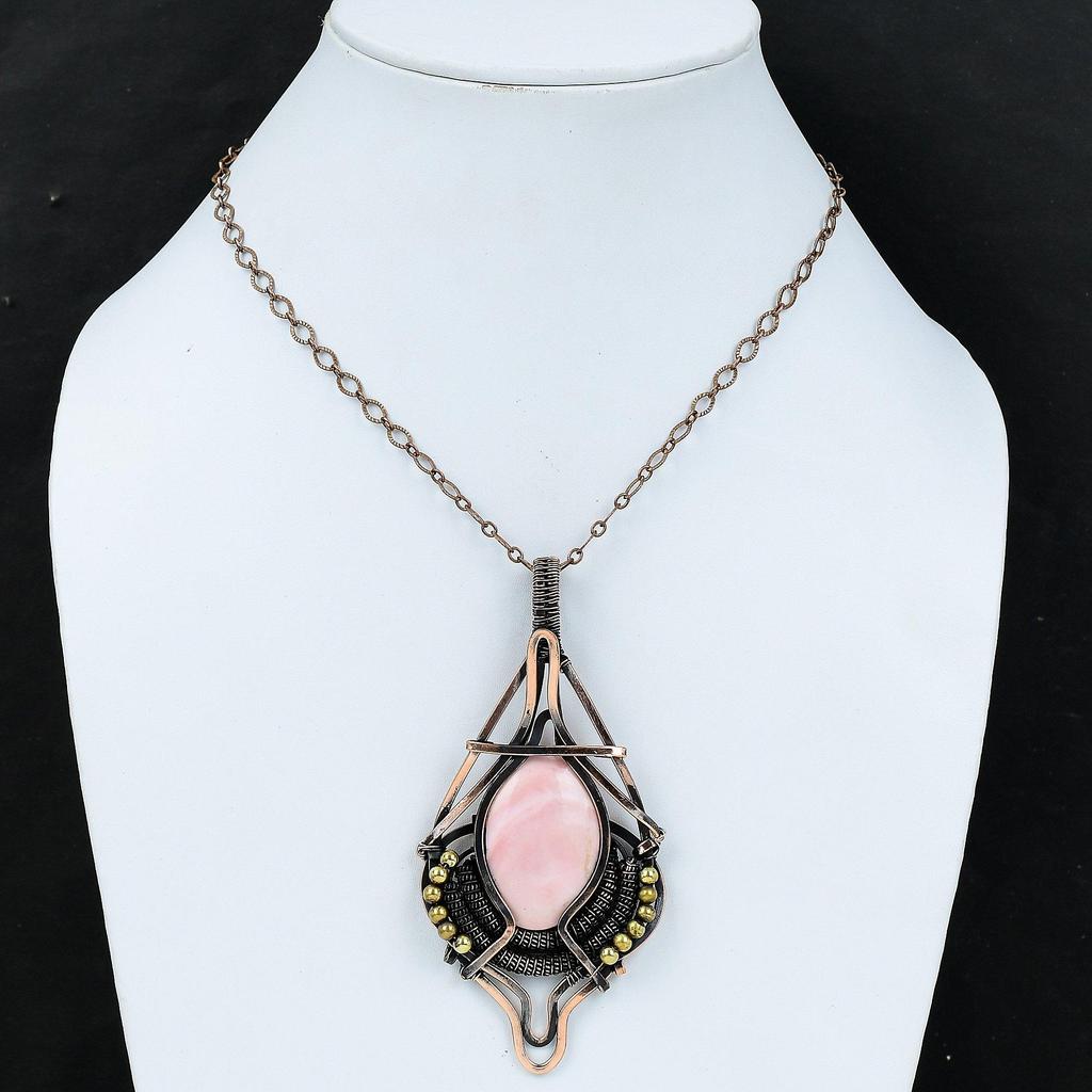 Кулон с розовым опалом, кулон из медной проволоки, кулон с драгоценным камнем, медная проволока, ювелирные изделия, подарок на годовщину, кулон ручной работы, кулон с камнем