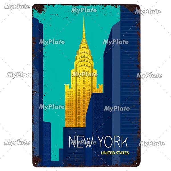 USA Tin Signs Vintage Metal Sign City Plaque Wall Decor for Garage Bar Pub Man Cave Decorative Plate Iron Country Painting