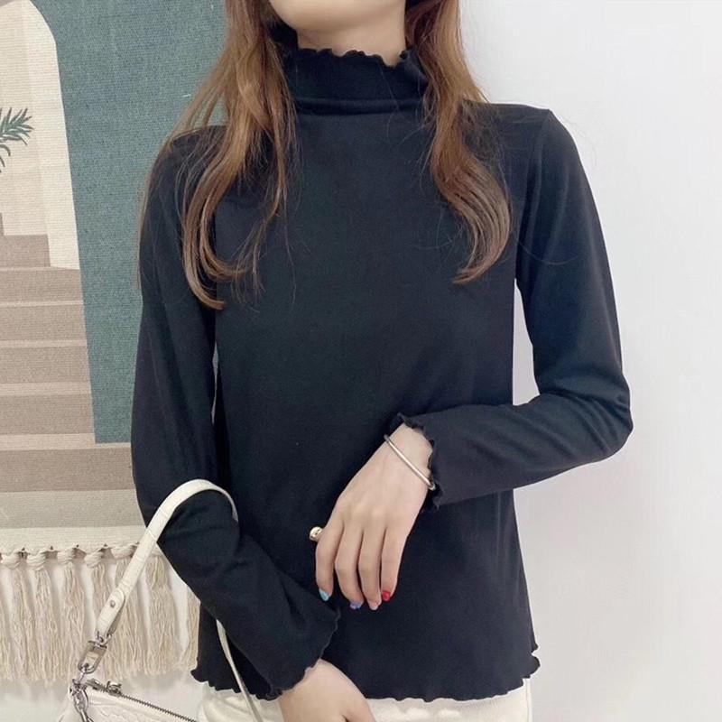Women's Autumn/Winter Ruffle Design Solid Color Velvet Turtleneck Base Layer Top