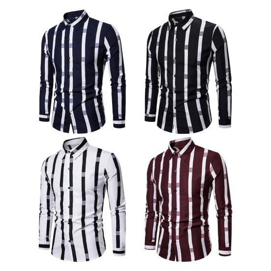 Весенняя мужская рубашка контрастного цвета с полосатым принтом, тонкие длинные рукава, отложной воротник, свободный однобортный формальный деловой стиль, повседневный топ