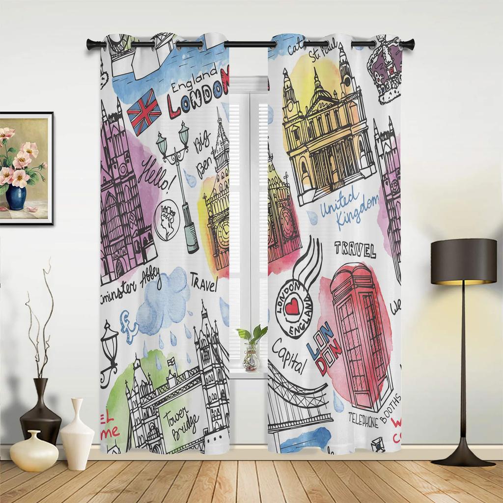 London Telephone Booth Curtains for Bedroom Living Room Drapes Kitchen Children's Room Window Curtain Modern Home Decor