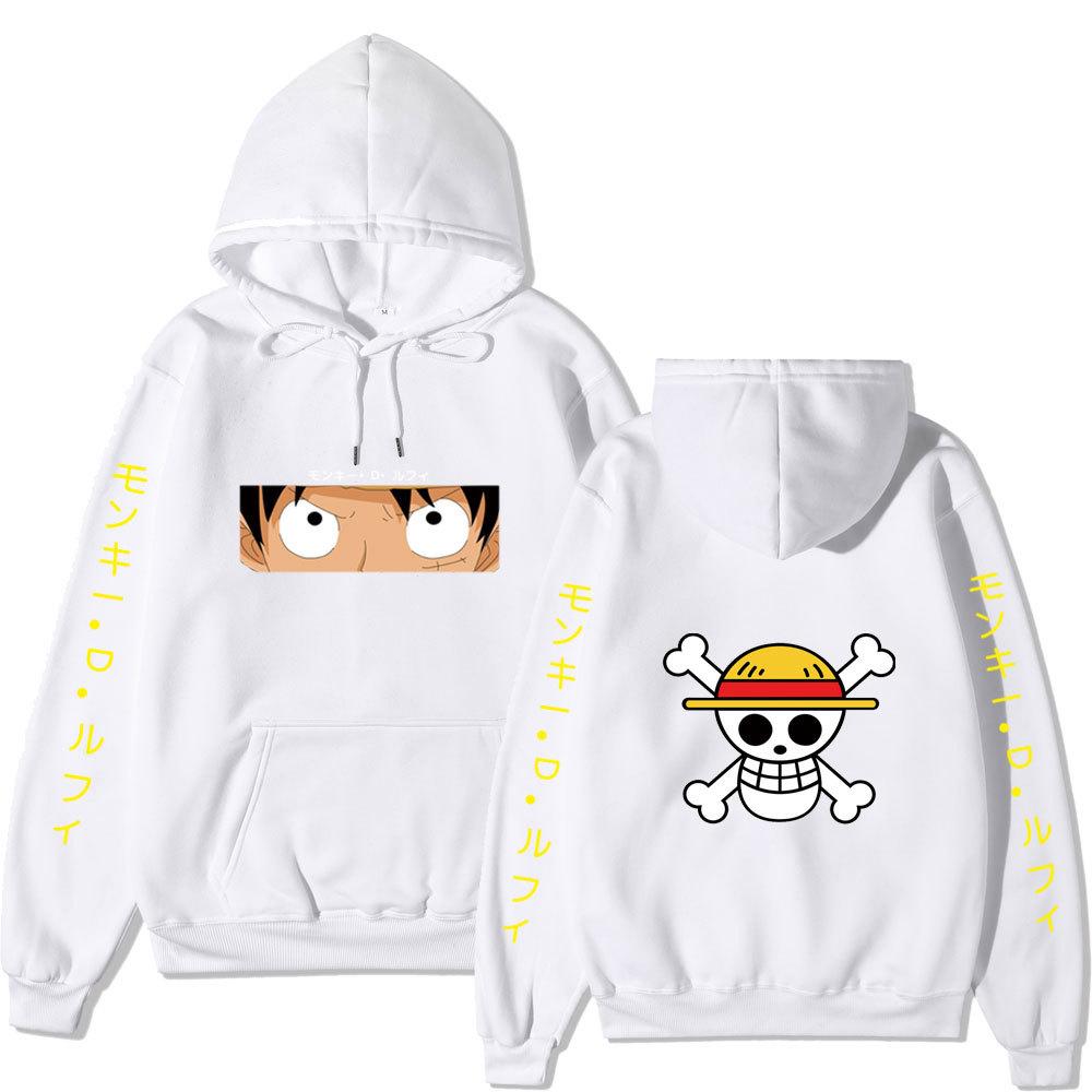 Unisex One Piece Monkey D Luffy Double‑Sided Print Fleece Hoodie, Both‑Sleeves Japanese Text Anime Pullover Hooded Sweatshirt Streetwear