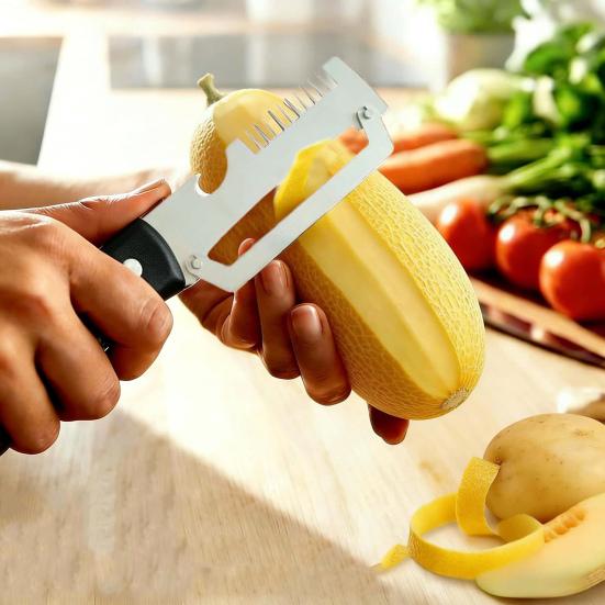 Овощечистка с пластиковой ручкой, Овощечистка для фруктов и картофеля из нержавеющей стали, 3-в-1: Измельчитель лука, Открывалка для бутылок, Нержавеющая, Необходимый кухонный инструмент