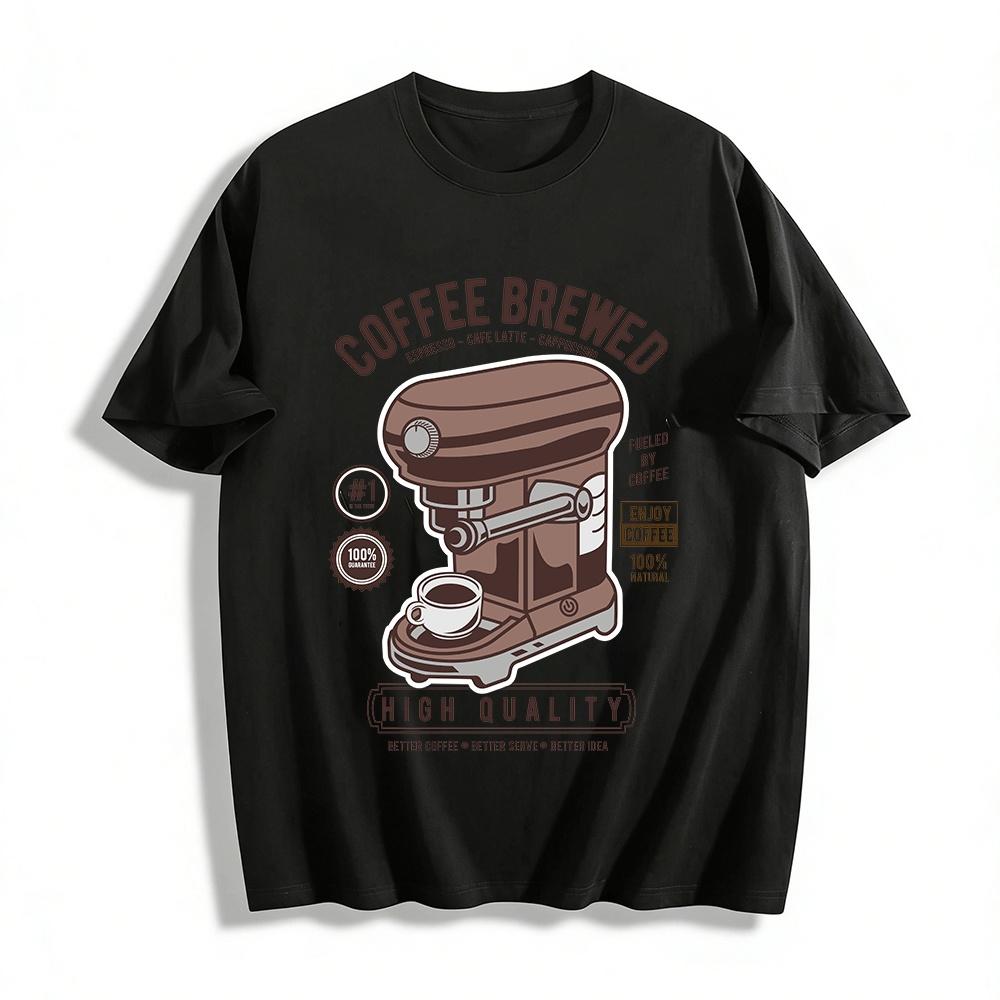 Vintage Coffee Machine Print Tshirt For Coffee Lovers Casual Top Pure Cotton T-shirt
