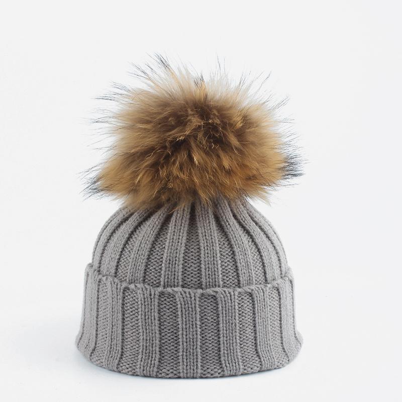 Зимняя детская шапка, теплые вязаные шапки для детей, шапка-бини из натурального меха с помпоном, однотонная детская шапка для девочек и мальчиков