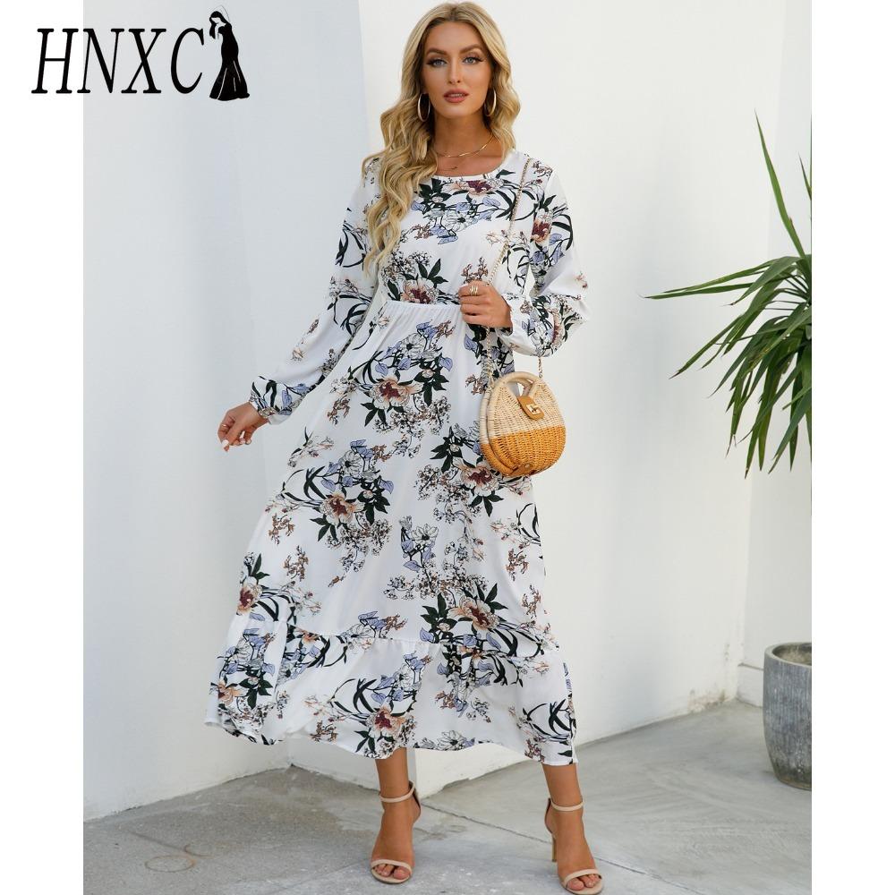 HNXC Весна Лето Богемный Женское Макси Платье Повседневный Длинный Рукав Высокая Талия Пляжное Платье Женские Цветочные Шифоновые Платья Vestidoes Mujer Новинка