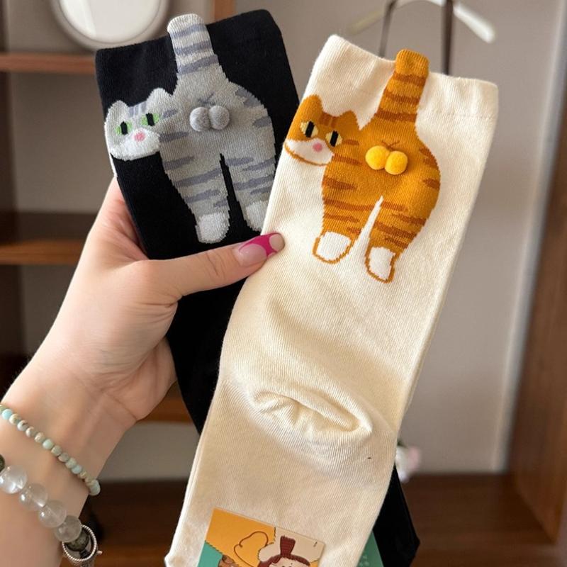 Носки средней длины с милым мультяшным котом на пятке, объемным меховым помпоном, забавные носки