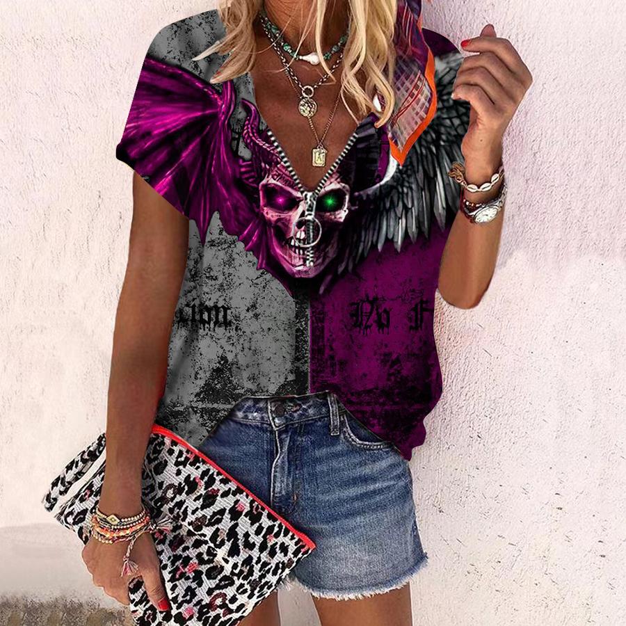 Women's Top Summer New Fashion Rose Flower Dark Skeleton Printed Casual Zipper V-neck Short Sleeve Top