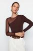 Women's Fashion New Bodysuit Brown Tulle Detailed Flexible Knitted Bodysuit with Snap Fasteners