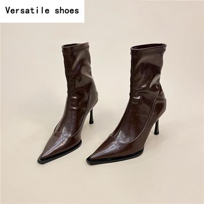 Зимние женские ботильоны с острым носком, модные короткие ботильоны без застежек, женские туфли для стриптиза на тонком высоком каблуке