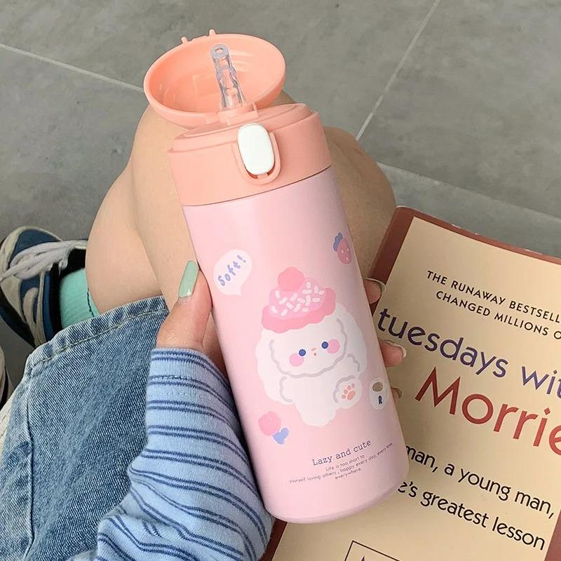 380ML Stainless Steel Thermos Vacuum Flask Cute Cartoon Thermal Water Bottle For Girls Insulated Straw Cups Tumbler Drinkware