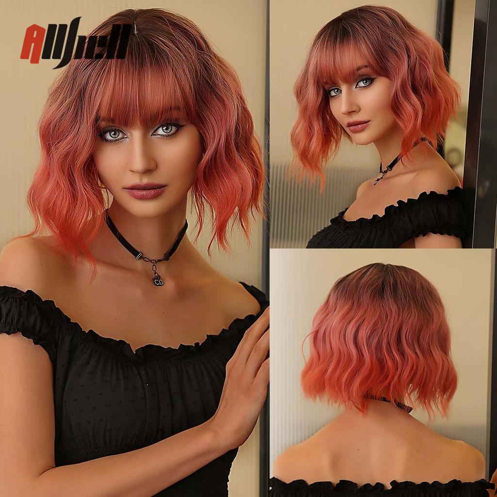 Synthetic Bob Hair Wig with Bangs Ombre Platinum Blonde Cosplay Wigs for Women Short Heat Resistant Female Daily Lolita Wavy Wig