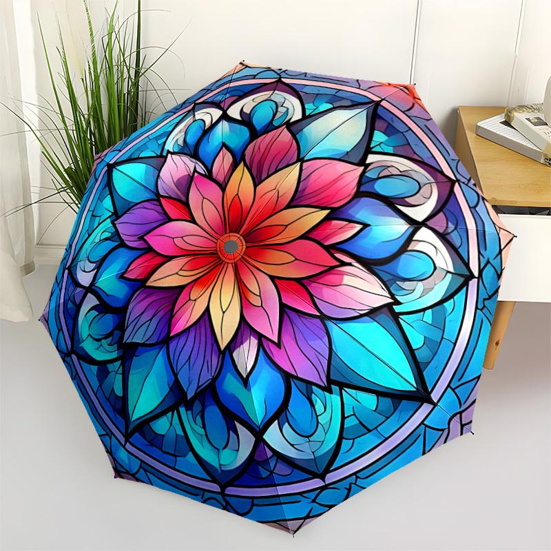 1pc Stained Glass Mandala Automatic Open/Close Umbrella, Portable Folding Umbrella, Compact Travel Umbrella for024