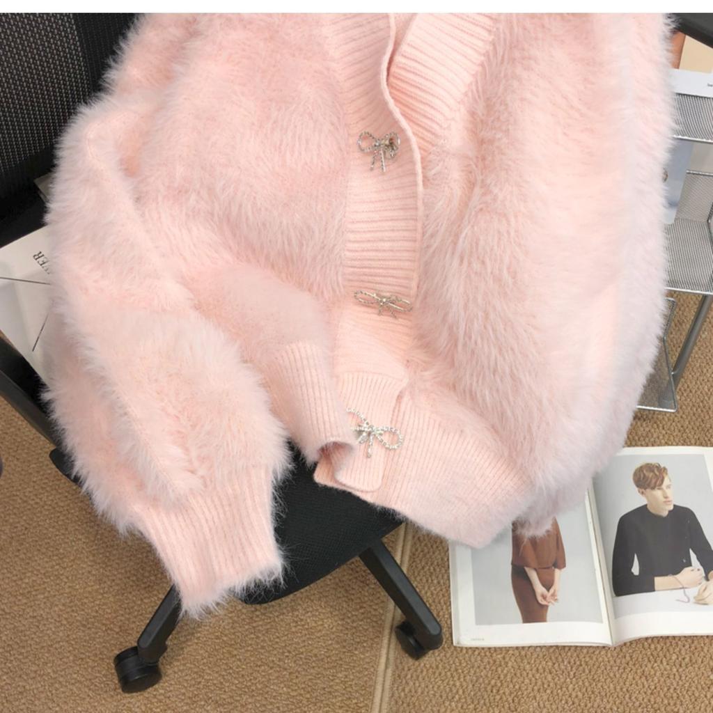 Высококачественное пальто-свитер из розового норкового бархата для женщин, новинка осени и зимы, толстый, свободный, элегантный вязаный кардиган с V-образным вырезом