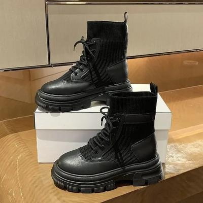 Женские ботинки Летающая вязка Осень Зима Новые Круглый носок Шнуровка Высокий каблук Комфортные Короткие ботинки Плоский каблук Ботильоны