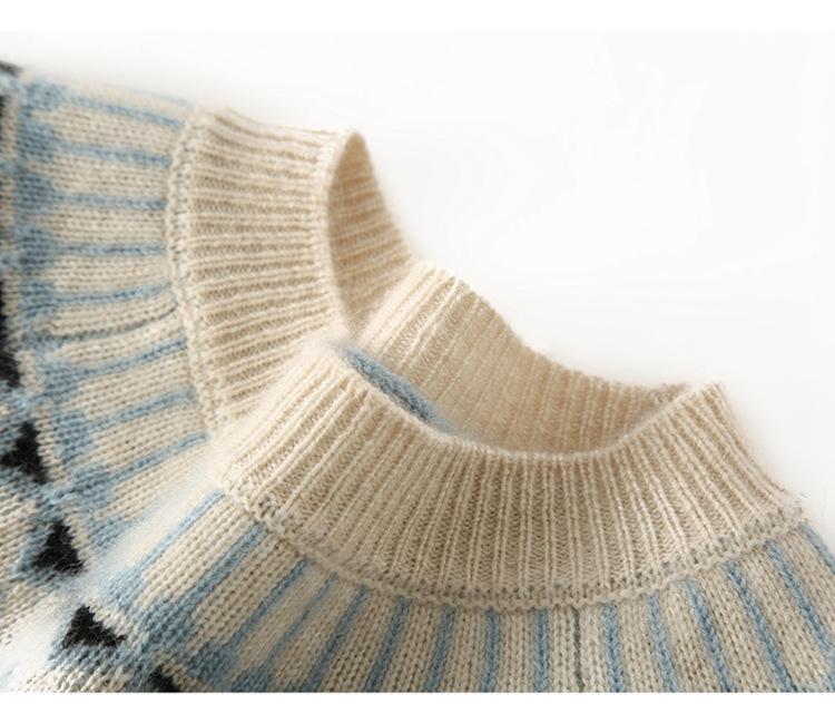Женский утолщенный кашемировый пуловер с узором Fair Isle - Круглый вырез, Длинный рукав, Двухслойный жаккард из шерсти