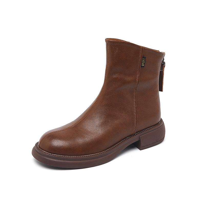 Женские Сапоги 2025 Осень/Зима Плюшевые Мягкая Кожаная Обувь Женская Корейская Версия Задняя Молния Женские Сапоги Ретро Повседневная Обувь