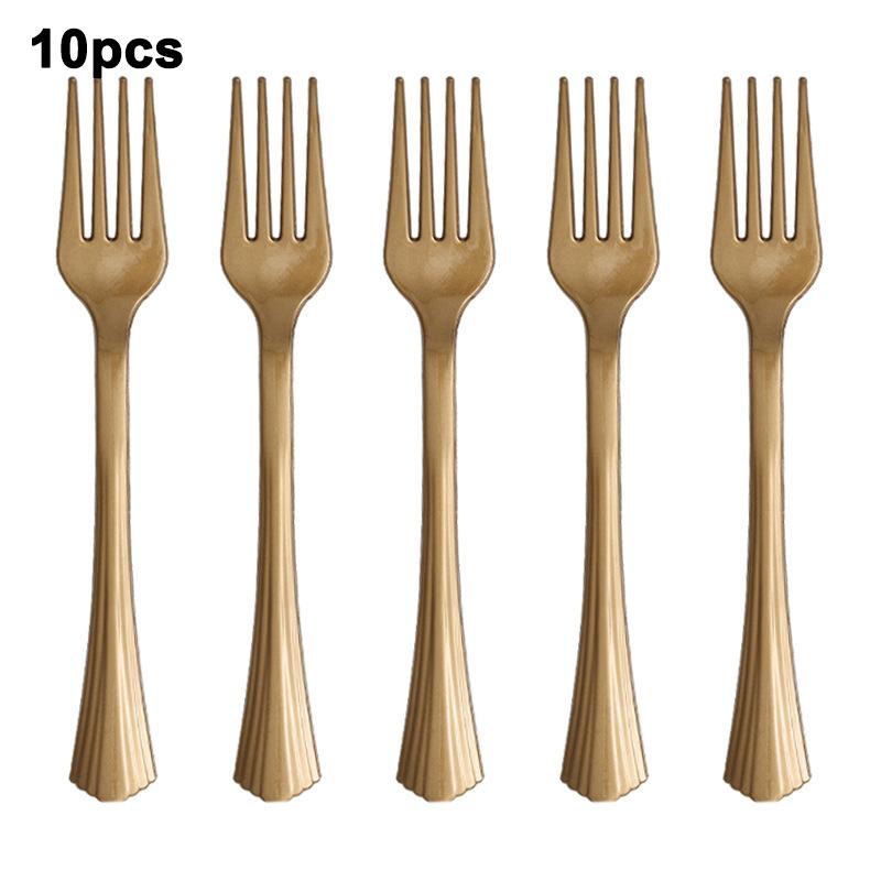 10pcs Electroplated Gold Plastic Knife Fork Spoon Birthday Party Disposable Knife Fork Spoon Tableware