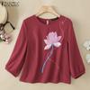 Women Casual Round Neck Floral Print 3/4 Sleeve Blouse