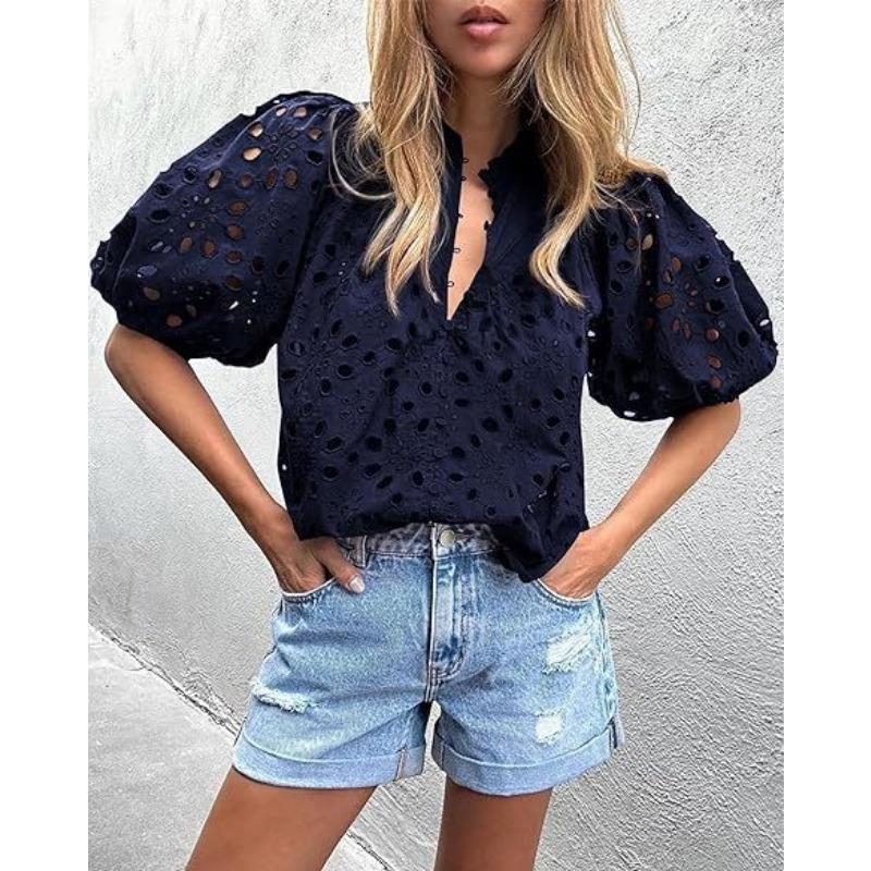 DAFIFY Women's Fashion Casual Summer Spring Solid Color Print 1/2 Sleeves V-Neck Blouses & Shirts
