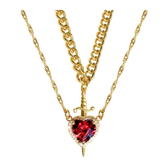 Женское ожерелье двухслойное с лезвием и кулоном в виде сердца, декор из красного страза, нержавеющая сталь