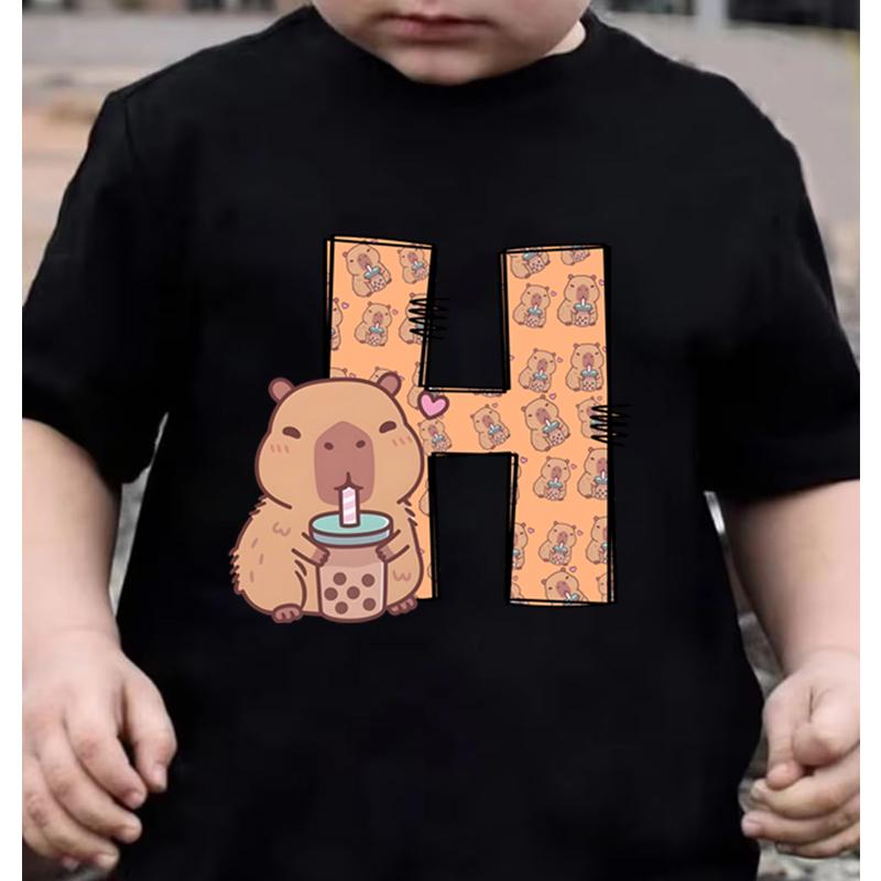 26 Capybara Alphabet Print Kids Tshirt Casual Funny Birthday Gift T Shirt Clothes Short Sleeve Y2K Tops Girls Boys Cotton Tee