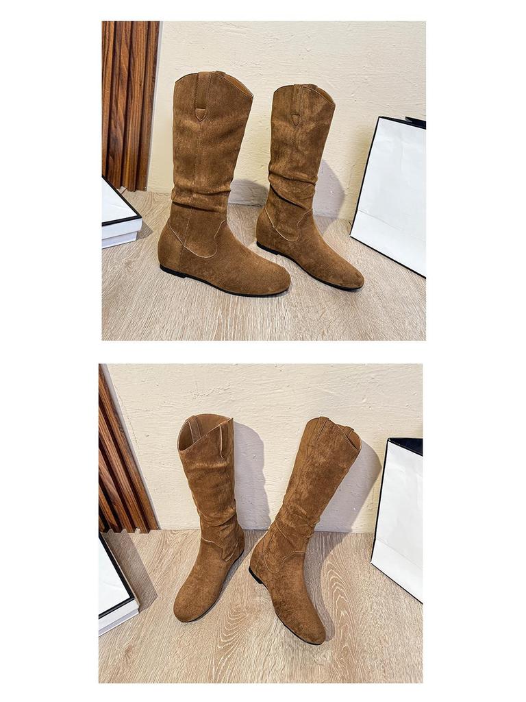 Women's Camel Suede Thigh-High Slouch Boots - Autumn/Winter 2025 Fashion, Flat Heel, Wide Calf, Round Toe