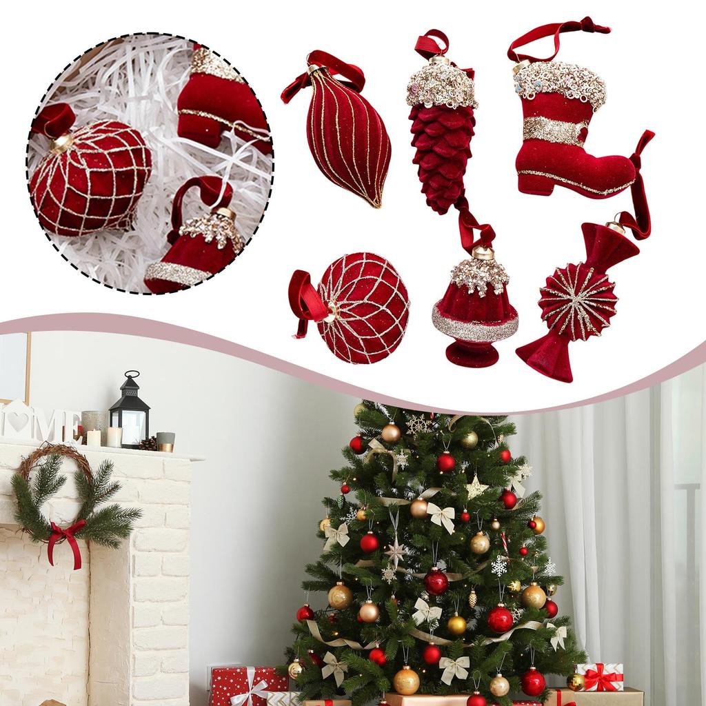 6x Christmas Tree Hanging Ornaments with Flocking Candy Pinecone Boot Xmas Tree Pendants Baubles for Holiday Party Thanksgiving