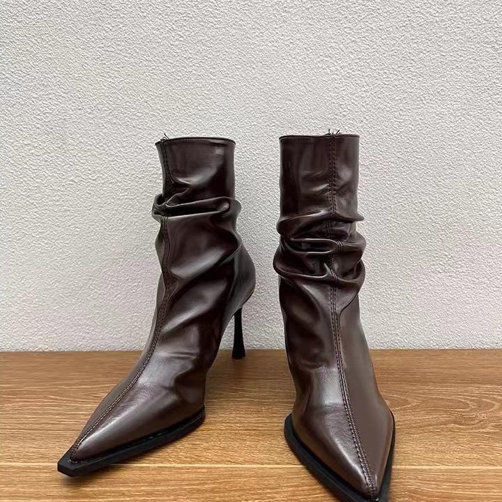 Остроносые тонкие каблуки короткие ботинки женские высокие каблуки присборенные ботинки на наборном каблуке ботинки в европейском и американском стиле 2024 новые ботинки Мартин тонкие ботинки