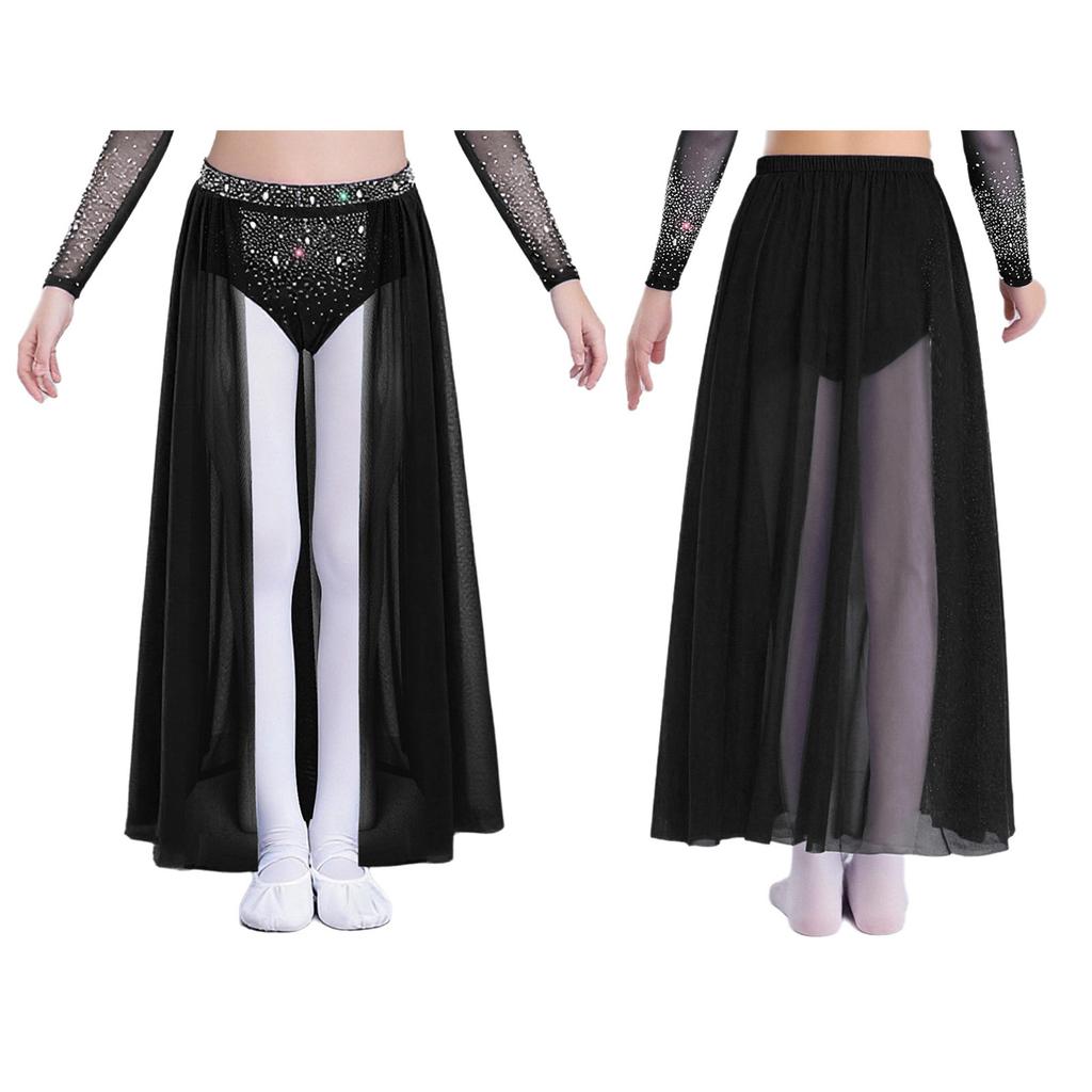 Complete Stage Look Skirt for Girls: Sparkling Rhinestone Accent on Flowy Sheer Mesh, Includes Secure Built-in Shorts