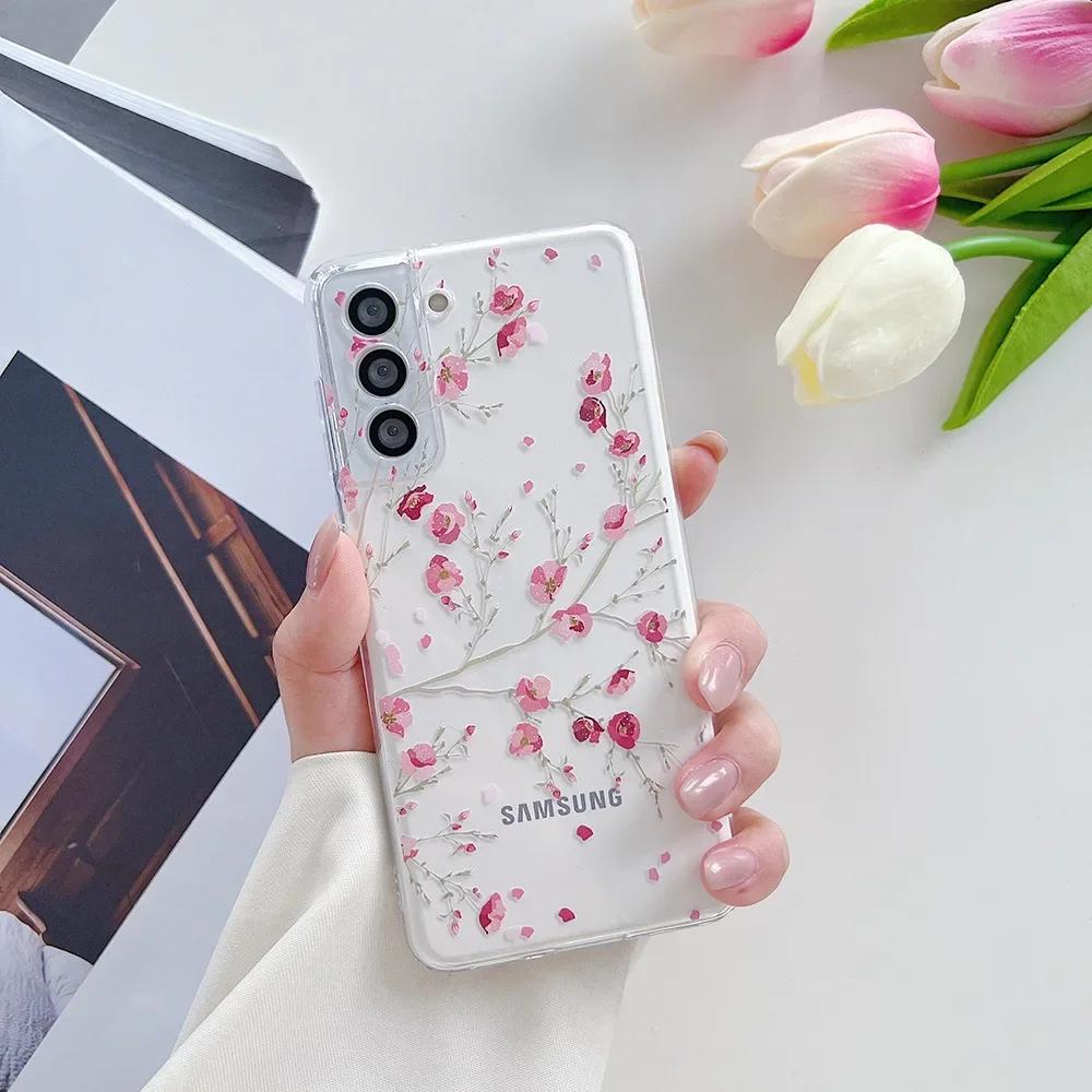 Милый Чехол для Телефона с Рисунком Цветов для Samsung S25 S24 S22 S21 FE Ультра Прозрачные Силиконовые Чехлы для Samsung Galaxy S23 Plus Ultra