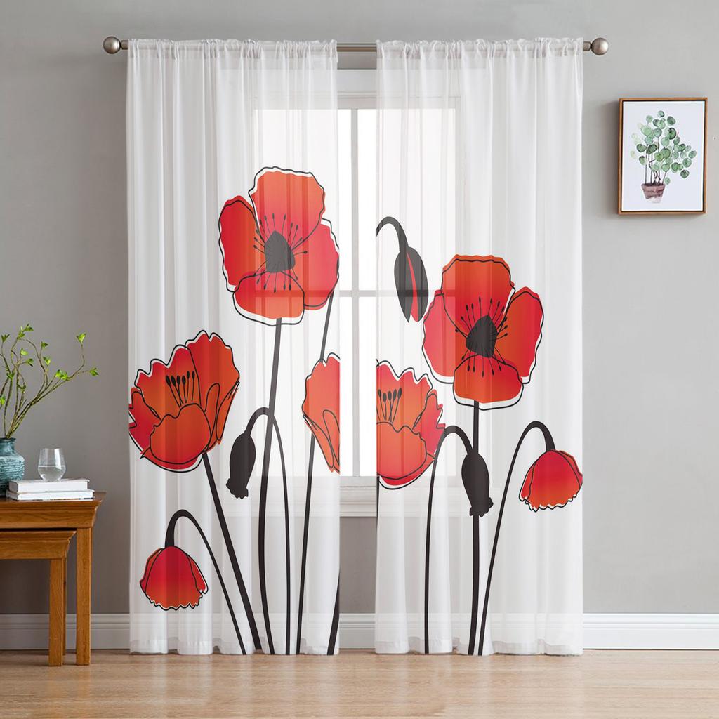 Red Poppy Flower Plant White Chiffon Sheer Curtains for Living Room Bedroom Home Decoration Window Voiles Tulle Drapes Curtain