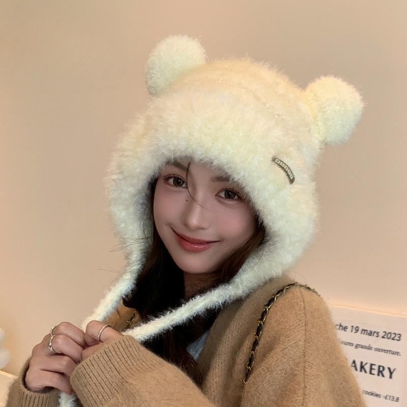 Cute Bear Wool Knitted Hat Women's Autumn Winter Windproof Earflap Warm Plush Beanie