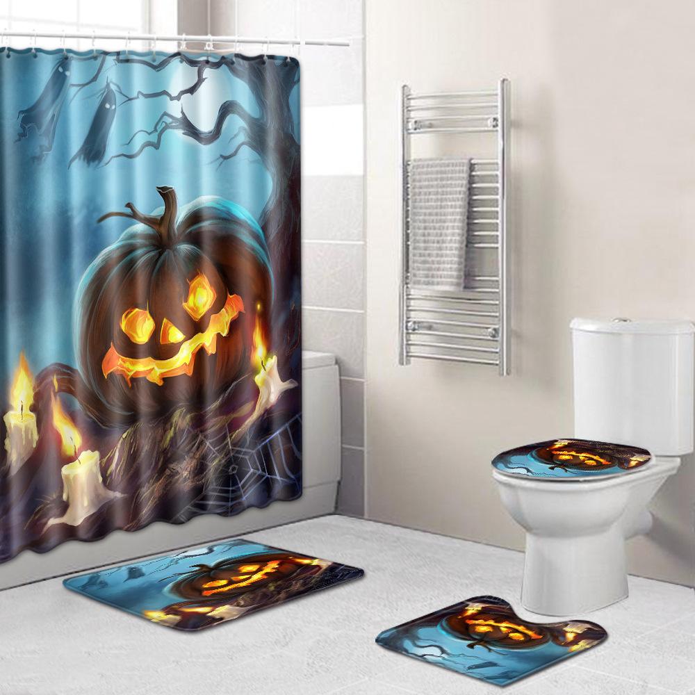 Halloween Shower Curtain Floor Mat Combination Four-Piece Set Bathroom Toilet Carpet Shower Room Foot Mat