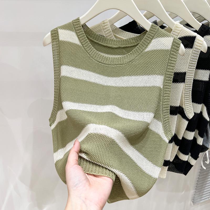 Майки женские летние 2025 года без рукавов с круглым вырезом в полоску черные трикотажные майки женские топы JJ297