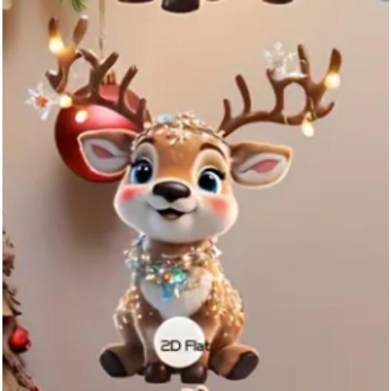 Cute Elk Baby with Christmas Lights Acrylic 2D Flat Pendant Christmas Tree Decoration Pendant Car Rearview Mirror Pendant Holiday Decoration Pendant