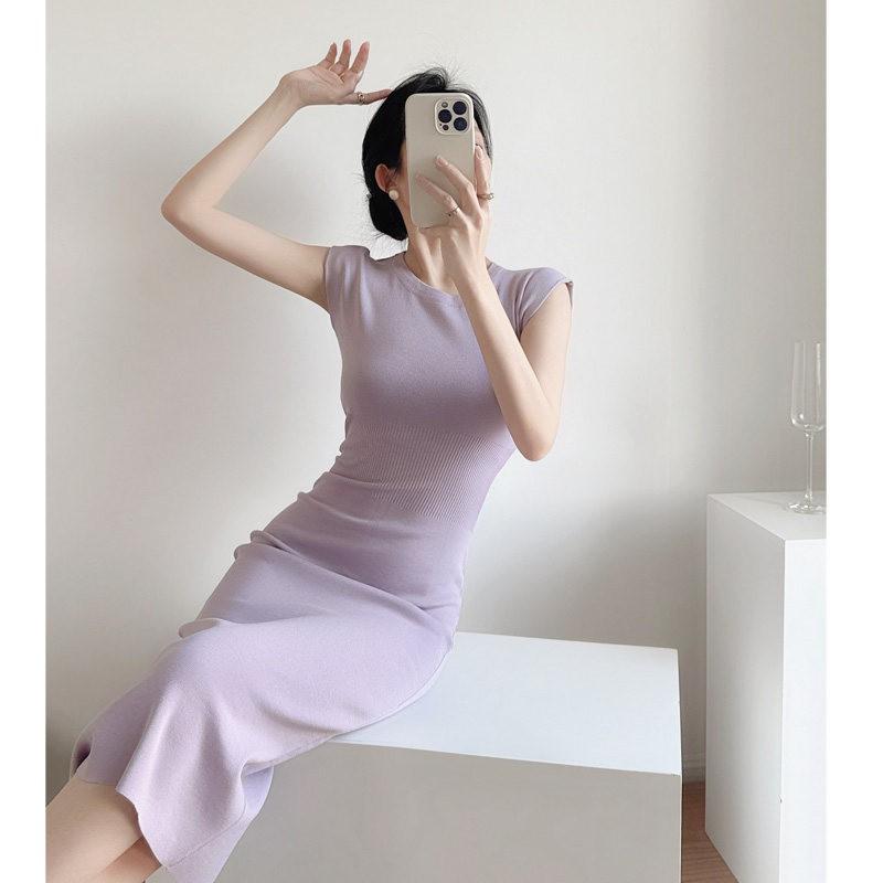 Purple Knit A-Line Midi Dress With Cap Sleeves High Waist Slim Fit Women Elegant Casual Party Wear