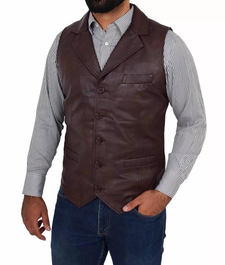 Lambskin Men's Vest Coat Handmade Leather Button Brown Western Button Soft