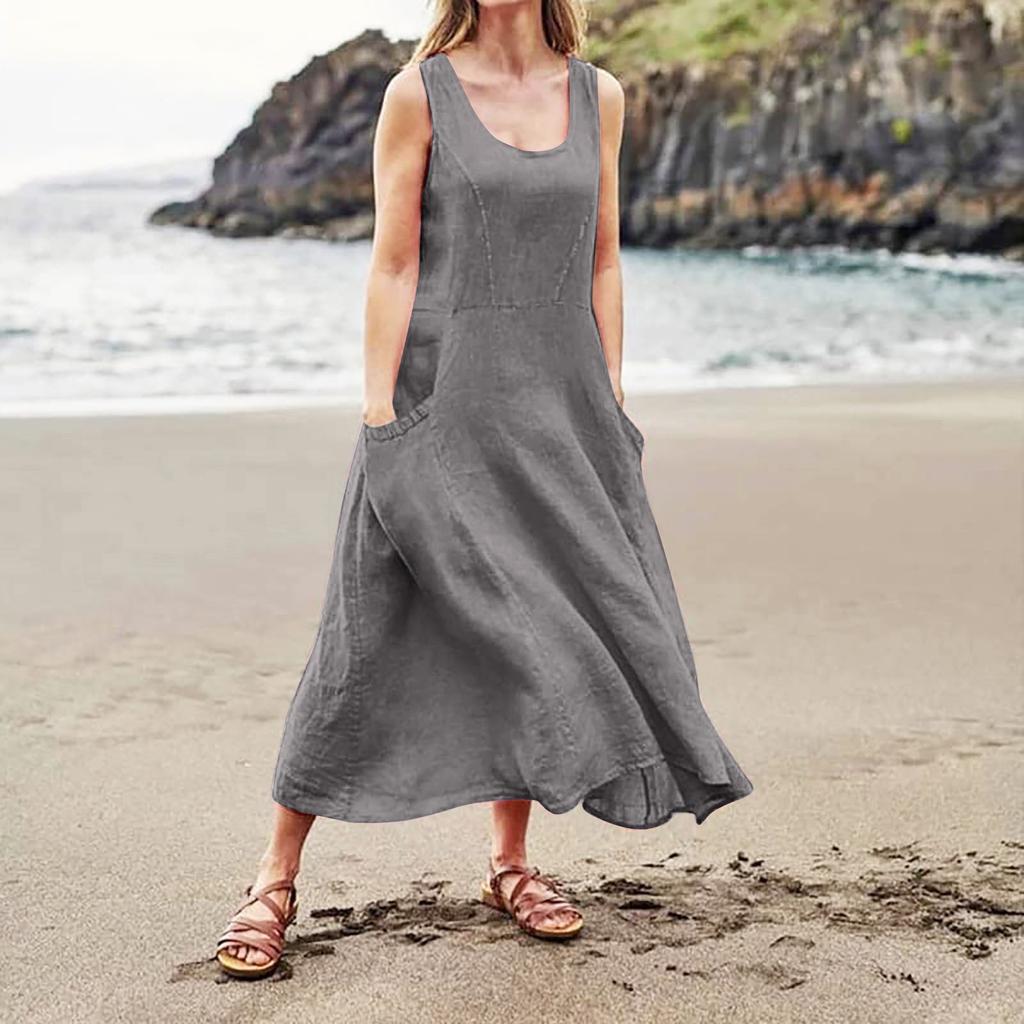 Women's Fashion Casual Solid Colour Sleeveless Cotton Linen Pocket Dress